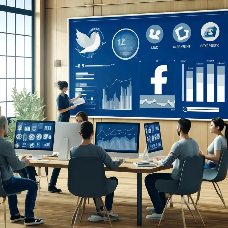 Un environnement de bureau moderne où une équipe analyse les métriques des réseaux sociaux à l'aide de Facebook Insights et d'autres outils d'analyse. L'image inclut des graphiques et des tableaux sur des écrans d'ordinateur, un tableau blanc avec des indicateurs de performance clés, et des membres de l'équipe discutant de stratégies.
