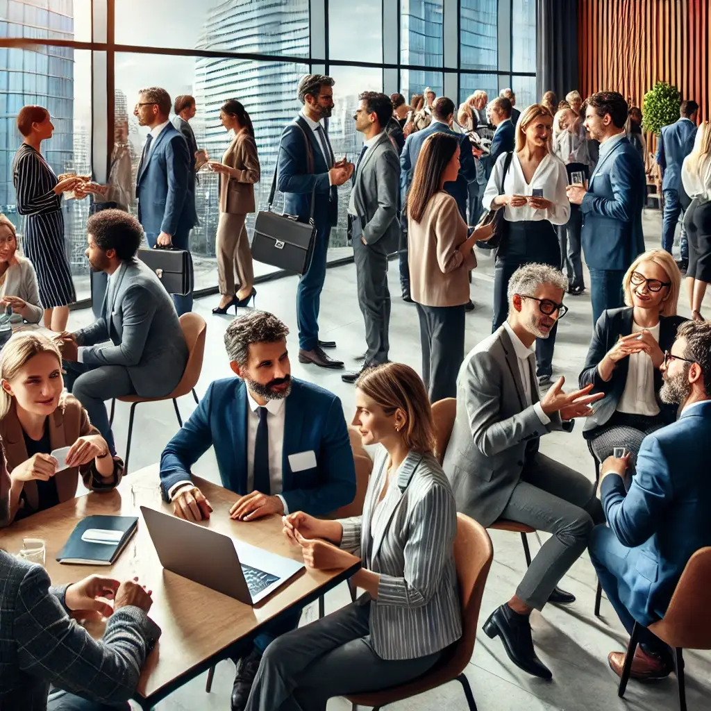 Groupe diversifié de professionnels en milieu de carrière réseautant lors d'un événement d'affaires moderne, dans une salle de conférence élégante avec vue sur la ville.