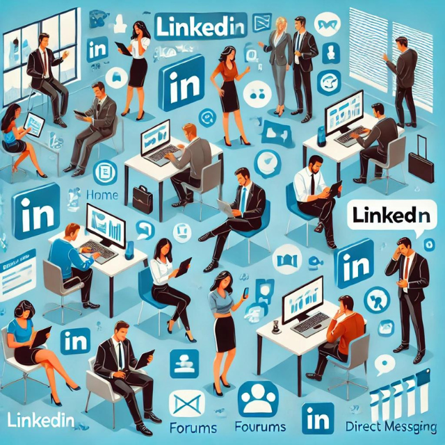 Illustration de professionnels utilisant des plateformes de réseautage en ligne comme LinkedIn, depuis divers emplacements (maison, bureau, en déplacement), avec des icônes et éléments représentant LinkedIn, des forums et des groupes en ligne. 